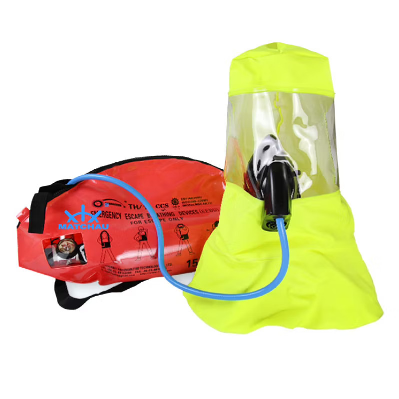 An Emergency Escape Breathing Device (EEBD) with a 15-minute capacity is a lifesaving apparatus designed to provide breathable air during emergency evacuations in hazardous environments, such as areas with smoke, fire, or toxic gases. It typically includes a compressed air cylinder, a full-face hood with a flame-resistant visor, and a pressure gauge for monitoring air levels. The device activates quickly, offering a steady airflow for up to 15 minutes, ensuring safe evacuation. It complies with SOLAS standards and is essential for ships, offshore platforms, and industrial facilities.