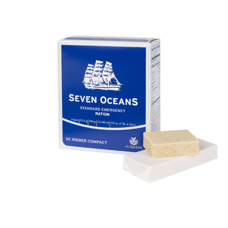 Seven OceanS® Emergency Rations provide high-energy nutrition for lifeboats and survival situations, meeting SOLAS/ISO standards. Each 500g pack contains 18 compressed food tablets with a 5-year shelf life, delivering 10,000 kJ / 2,500 kcal per unit. Compact, waterproof, and Halal-certified, they ensure safe, efficient nourishment at sea.